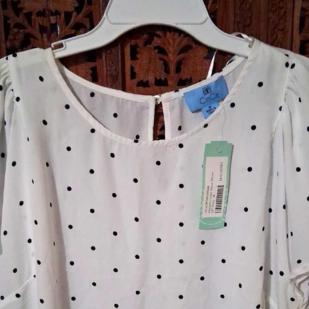 CeCe White  Top with Black Polka Dots